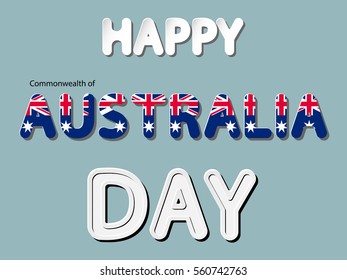 different vector lettering word of happy Commonwealth of Australia day with national flag and white gray gradient as paper or metallic effect on blue retro colors background