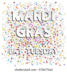 different vector lettering word of mardi gras fat tuesday with white and gray gradient as paper or metallic effect on colored flat sprinkles stars, dots and lines confetti background