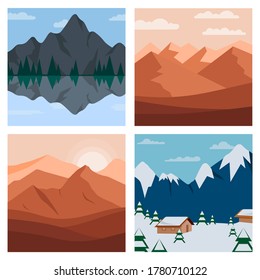 Different vector mountains landscape set vector illustration. Vector mountain and forest with hills and trees illustration.