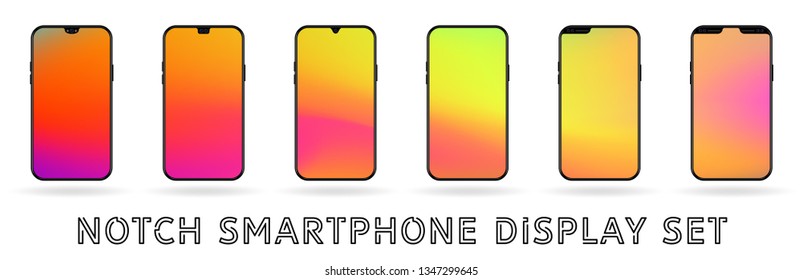 Different vector smartphone display set with notches and colorful abstract vector mesh wallpaper. Mobile realistic mockup with front camera. Juicy colors. yellow, orange, violet