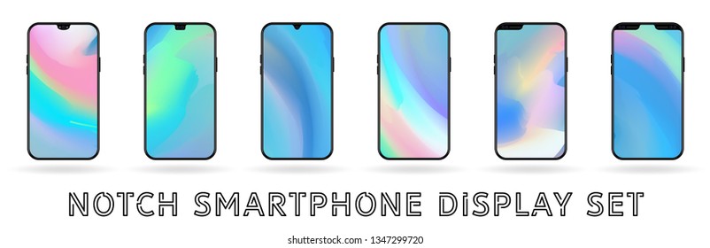 Different vector smartphone display set with notches and colorful abstract vector mesh wallpaper. Mobile realistic mockup with front camera. Hologram colors