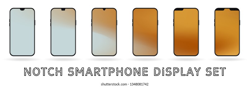 Different vector smartphone display set with notches and colorful abstract vector mesh wallpaper. Mobile realistic mockup with front camera and speaker