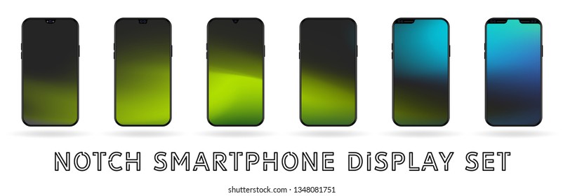 Different vector smartphone display set with notches and colorful abstract vector mesh wallpaper. Mobile realistic mockup with front camera and speaker