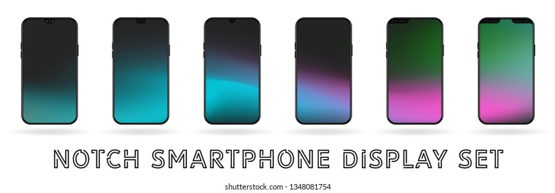 Different vector smartphone display set with notches and colorful abstract vector mesh wallpaper. Mobile realistic mockup with front camera and speaker