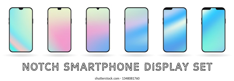 Different vector smartphone display set with notches and colorful abstract vector mesh wallpaper. Mobile realistic mockup with front camera and speaker, hologram colors