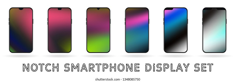 Different vector smartphone display set with notches and colorful abstract vector mesh wallpaper. Mobile realistic mockup with front camera and speaker