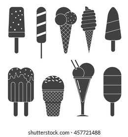 Different vector sweet frozen ice cream collection. Various outline design ice-cream set. Summer cold ice-creams with fruits and chocolate. Strawberry icecream dessert vector icon isolated on white. 