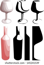 Different vector wine bottles and wine glasses.