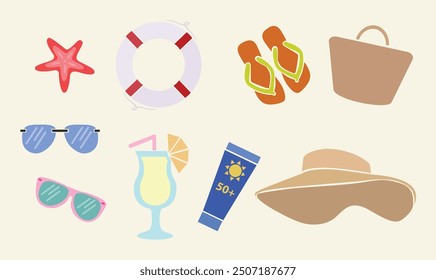 Different vectors of objects used on beach vacations.