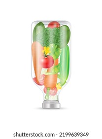 Different vegetable fruit inside saline bag. Tomato Broccoli Carrot and Slender amaranth in transparent bottle. IV Drip vitamin infusion rich in fiber and minerals healthy.  Realistic 3D vector.