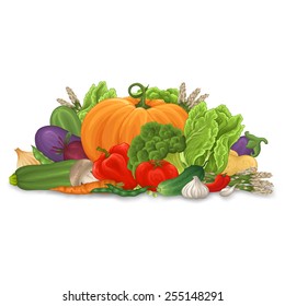 A lot of different vegetable with shadow on white background.