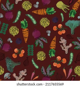 different vegetables and beans, champignons hand-drawn, black lines, gouache and ink. Seamless pattern.