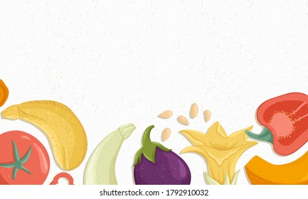 Different vegetables border vector cartoon illustration. Tomatoes, bell peppers, zucchini, pumpkin, eggplants horizontal banner or frame for farm market design. Vegetable background.