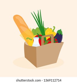 Different vegetables, bread, milk in a paper bag.