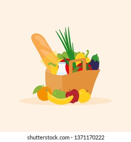 Different vegetables, bread, milk in a paper bag. Next to the bag are fruits: orange, apples, banana.