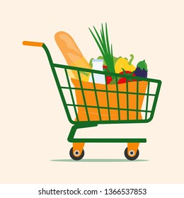 Different vegetables, bread, milk in the product cart. Vector illustration