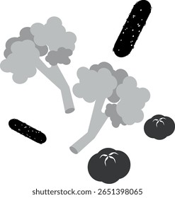 Diferentes legumes brócolis, tomates e pepinos. Cor preto e branco e cinza. Ilustração vetorial, ícone. ilustração EPS10