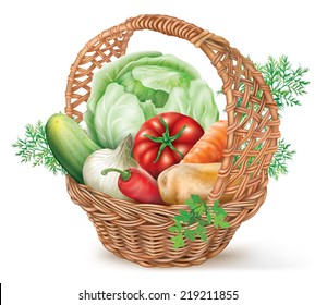 Different vegetables in brown wicker basket. vector illustration