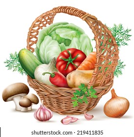 Different vegetables in brown wicker basket. vector illustration