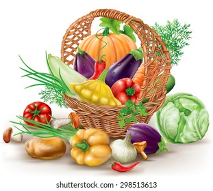 Different vegetables in brown wicker basket. vector illustration