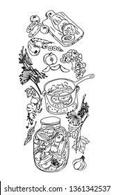 Different vegetables canned in glass jar,recipe for pickling vegetables. Hand-drawn vector illustration