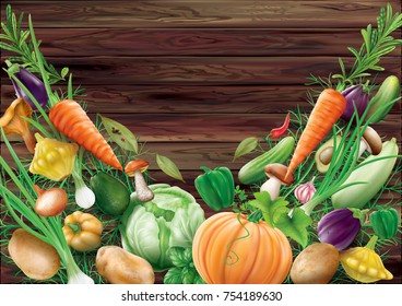 Different vegetables collection on a wooden background. Vector illustration