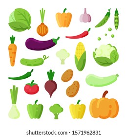 Different vegetables color flat vector illustrations set. Healthy food, eating ingredients. Tomato, potato, pumpkin, corn. Cartoon veggies collection. Eco, organic products isolated icons on white