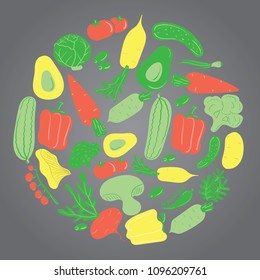 Different vegetables are drawn in a circle on a gray background.