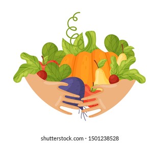 A lot of different vegetables and fruits in the hands. Vector illustration on a white background.