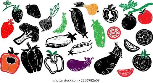 Different vegetables, harvest, autumn. Texture isolated graphic elements. Vector set, collection.