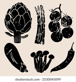 Different vegetables linocut vector illustration with grunge texture. Monochrome linear woodcut illustration. Harvest, autumn isolated graphic elements. Vector set