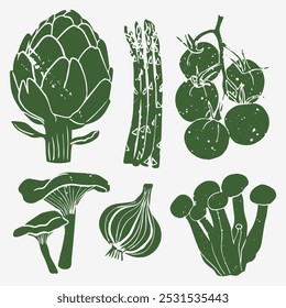 Diferentes verduras de Ilustración vectorial de linocut con textura grunge. Ilustración de xilografía lineal monocromática. Cosecha, Elementos gráficos aislados de otoño. Conjunto de Vectores