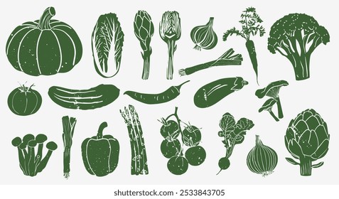 Diferentes verduras de Ilustración vectorial de linocut con textura grunge. Ilustración de xilografía lineal monocromática. Cosecha, Elementos gráficos aislados de otoño. Conjunto de Vectores