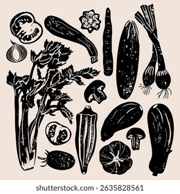 Diferentes legumes linocut ilustração vetorial com textura grunge. Ilustração de xilogravura linear monocromática. Colheita, outono isolados elementos gráficos. Conjunto de vetores