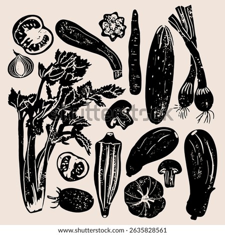Different vegetables linocut vector illustration with grunge texture. Monochrome linear woodcut illustration. Harvest, autumn isolated graphic elements. Vector set