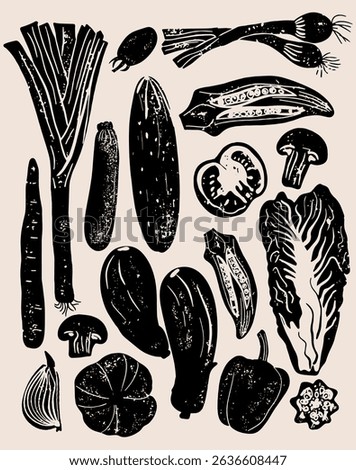 Different vegetables linocut vector illustration with grunge texture. Monochrome linear woodcut illustration. Harvest, autumn isolated graphic elements. Vector set