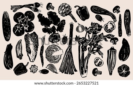 Different vegetables linocut vector illustration with grunge texture. Monochrome linear woodcut illustration. Harvest, autumn isolated graphic elements. 