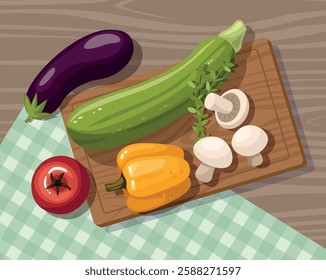 Different vegetables on a cutting board. Organic raw salad ingredients. Flat lay, top view.