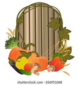 Different vegetables on an oval wooden background of boards. Tomato, cucumber, pumpkin, cabbage, celery, eggplant, bell pepper, mushrooms, ears of wheat or rye. Autumn harvest. Thanksgiving Day. 