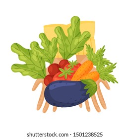Different vegetables on the palms. Vector illustration on a white background.