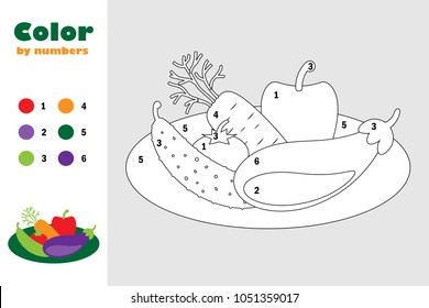 Different vegetables on plate in cartoon style, color by number, education paper game for the development of children, coloring page, kids preschool activity, printable worksheet, vector illustration