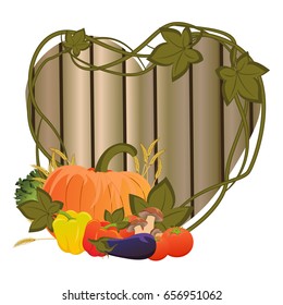 Different vegetables on a wooden background in form of a heart. Tomato, cucumber, pumpkin, cabbage, celery, eggplant, bell pepper, mushrooms, ears of wheat or rye. Autumn harvest. Thanksgiving Day. 
