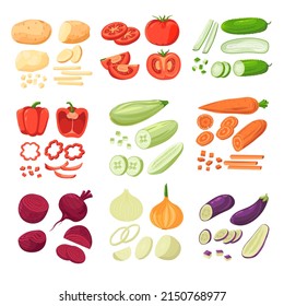 Different vegetables, peeled and unpeeled potato, ripe tomato and cucumber, bell pepper and paprika, aubergine and zucchini, onion and beetroot. Vegetarian and vegan menu, vector in flat style