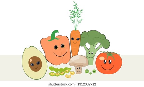 Different vegetables smiling together. Foods with faces. Healthy food