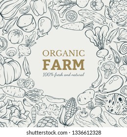 different vegetables vector frame. Natural fresh vegetables, label for market. Vegeterian set. Hand drawn sketch style