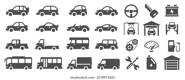 Different vehicle icons are displayed, including cars, trucks, buses, and vans, alongside maintenance symbols such as steering wheel, key, battery, car wash, garage, and tools