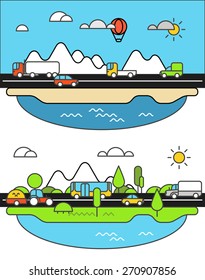 Unterschiedliches Fahrzeug auf einer Straße. Städteminimalismus-Illustrationskonzept