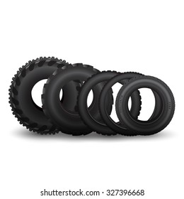 Different vehicle tires isolated on white. Vector illustration