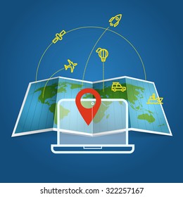 Different vehicles on the Earth map. Infographic elements