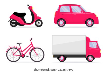 Different vehicles, set. Car, bike, bicycle, scooter, moped truck Transport icons Vector illustration in flat style